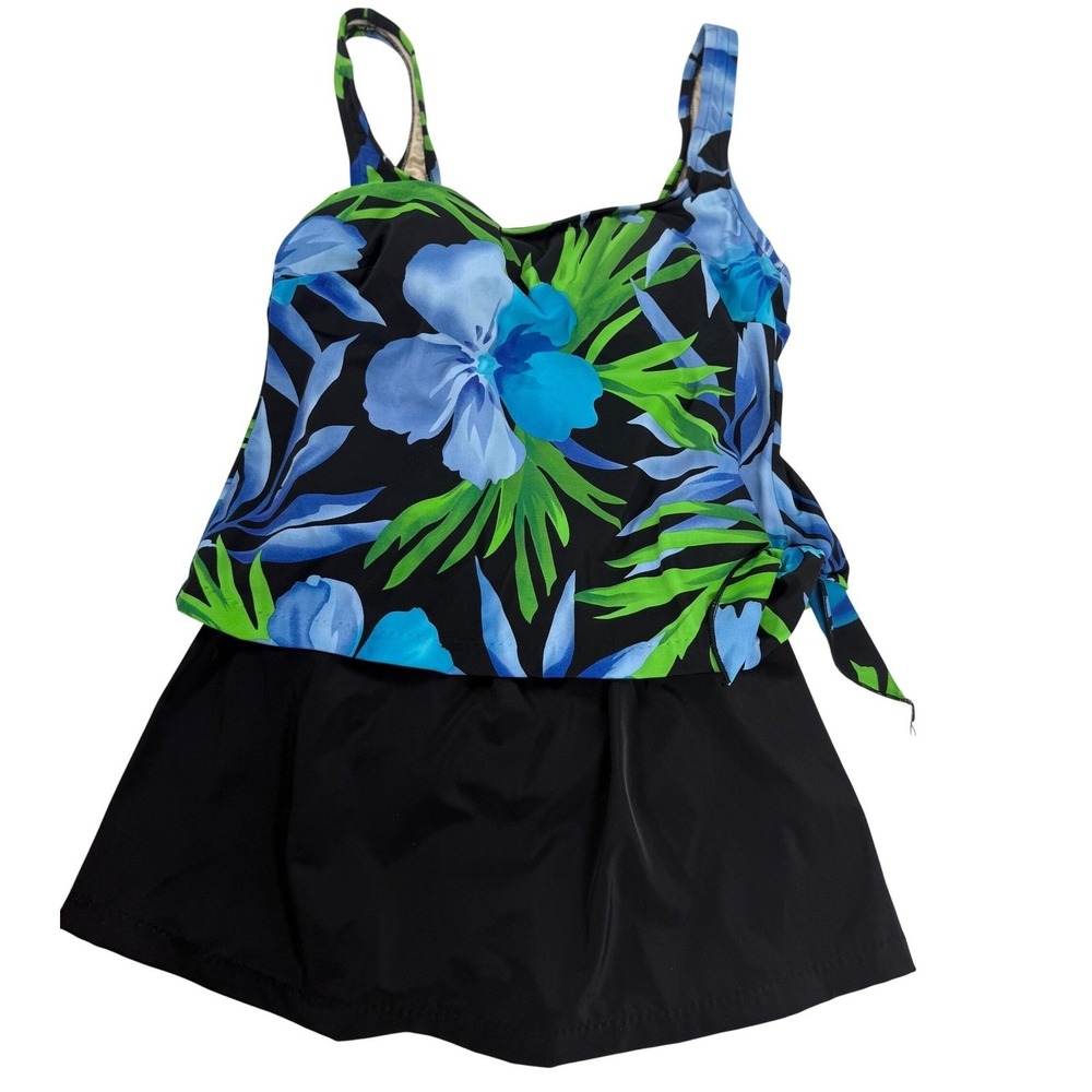 Le Cove Womens Floral Tankini Swimsuit Set Blue Green Black Swim Skirt Size 10